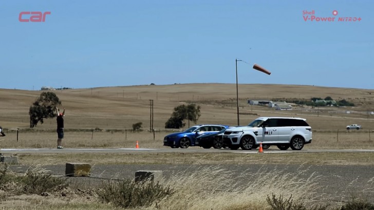 BMW i8 vs Audi RS3 vs Range Rover SVR drag race